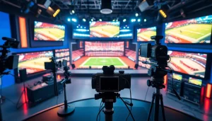 Engaging sports broadcasting scene with technology and vibrant graphics