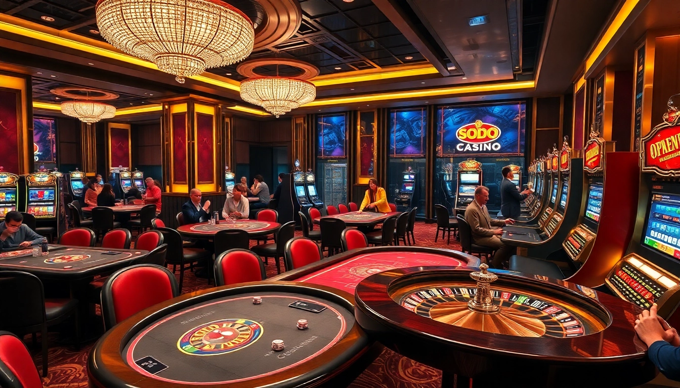 Experience the thrill of gaming at SODO CASINO, with vibrant tables, glamorous lights, and exciting players.