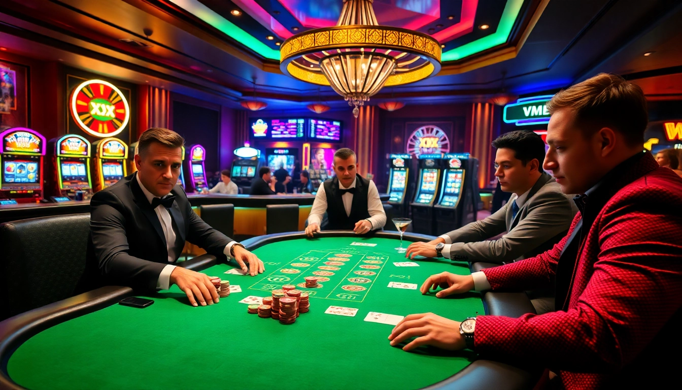 Players enjoy a thrilling poker game at XX 88 casino with vibrant atmosphere and classy ambiance.