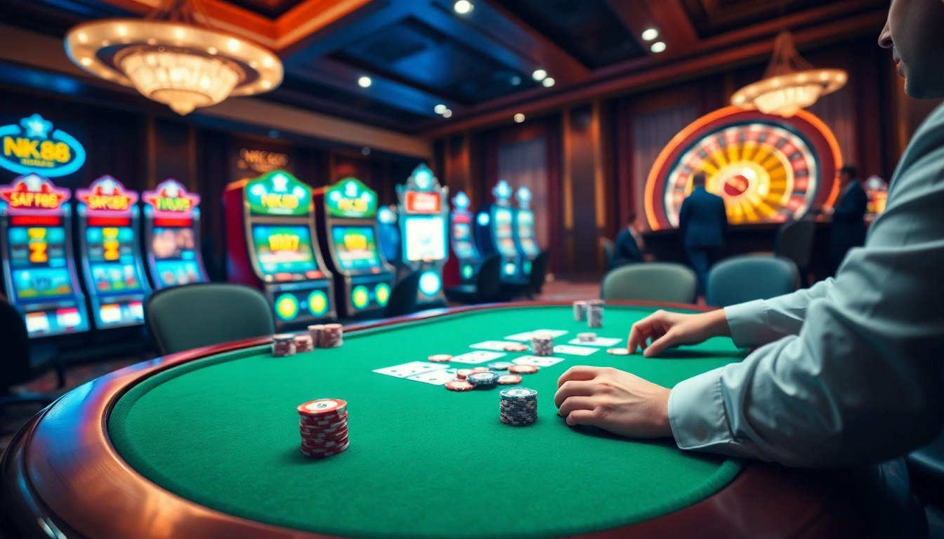 Players enjoying a thrilling poker game at NK88 casino, with vibrant gaming elements.