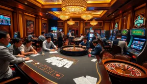 Experience high-stakes gambling action at QH88's luxurious casino tables featuring poker and roulette.