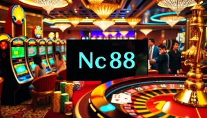 Nc88 casino scene with lively players at poker and roulette tables.