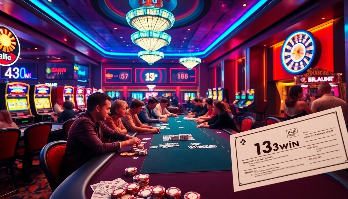 Players enjoying a poker game at 13Win with vibrant slot machines in the background