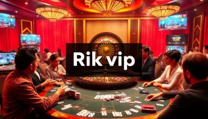 Engaging 'Rik vip' online gambling scene with excited players at a poker table and vibrant casino elements.