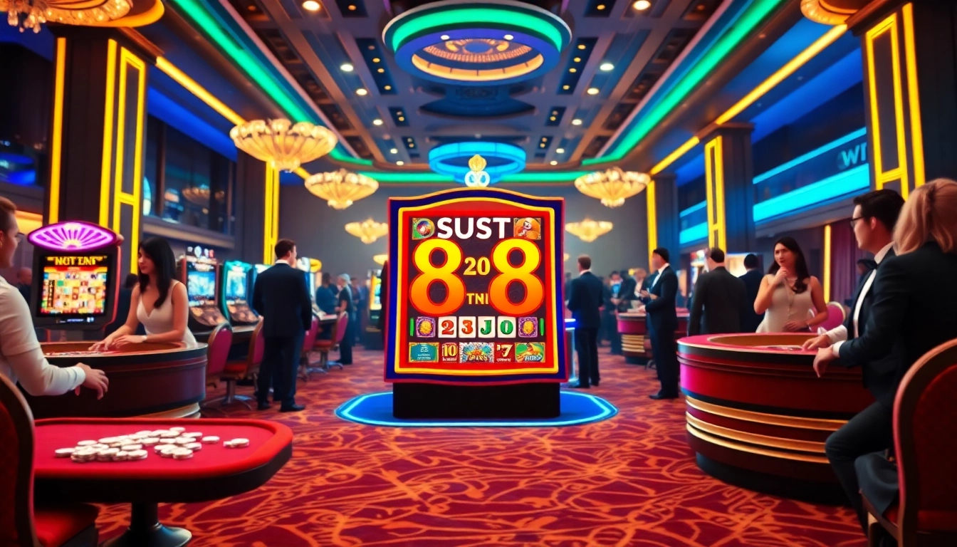 Excited players engage with a vibrant slot88 machine in a luxurious casino.
