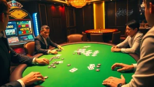 Engaging scene of Lô Đề Trực Tuyến players at a poker table, surrounded by vibrant casino elements.
