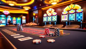 Engaging scene of King88 casino with blackjack table, poker chips, and dynamic gaming ambiance.