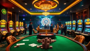 Experience the thrill of J88 at a luxurious casino with vibrant gaming tables and slot machines.