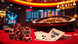 Experience the excitement of gambling at TG88 with vibrant chips and a spinning roulette wheel.