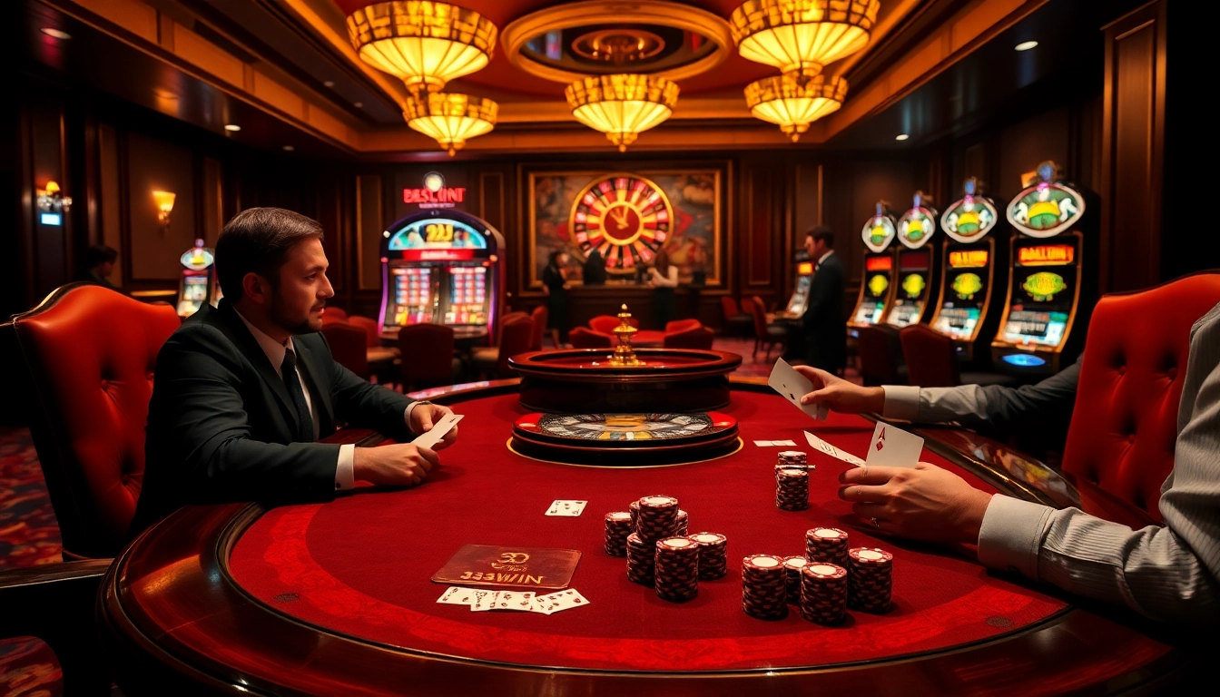 Experience the thrill of 33WIN at a luxury poker table with eager players and vibrant casino elements.