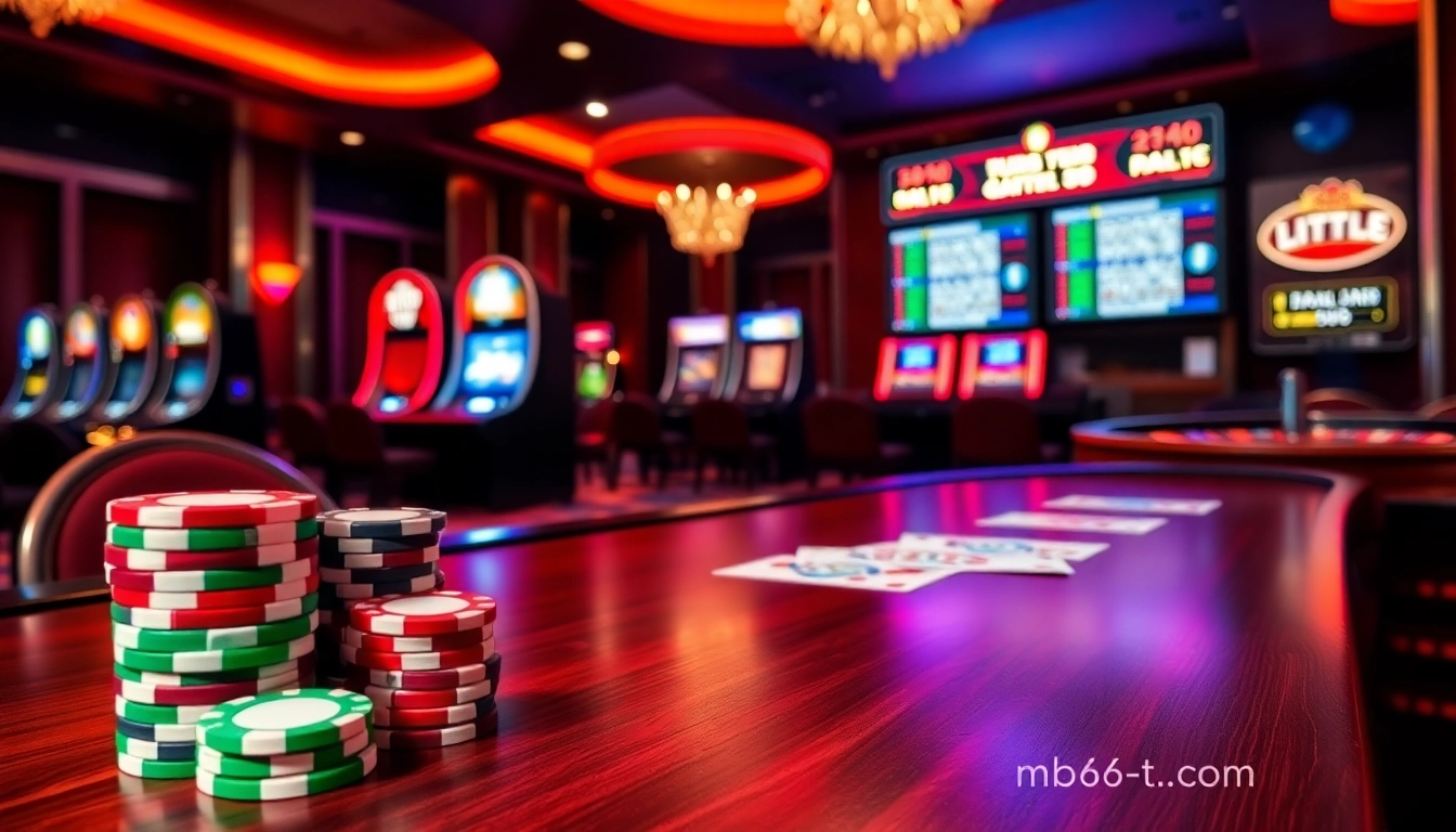 Experience high-stakes gaming at mb66-t.com with vibrant poker chips and illuminated tables.