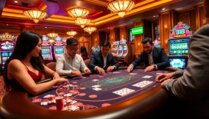 Players enjoying the excitement of dn 88 at a luxurious casino table, surrounded by vibrant gaming elements.
