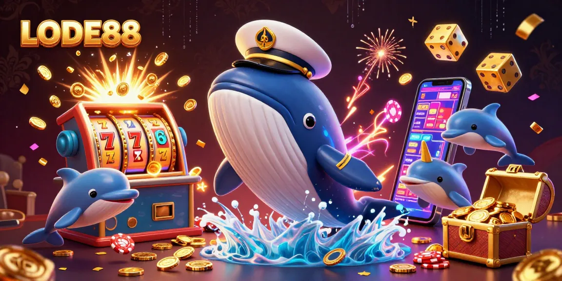 Engage in exciting gaming with LODE88 amidst a whale, dolphins, and slot machines.