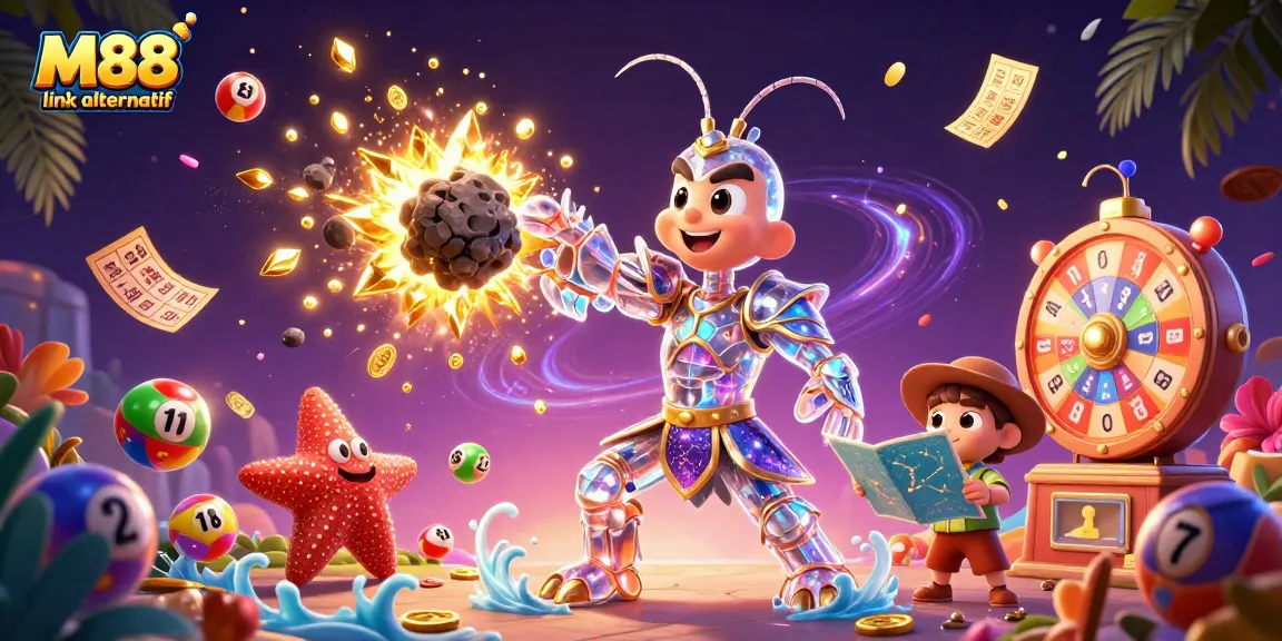 Engage with M88 link alternatif in an exciting 3D casino scene filled with vibrant gaming elements.