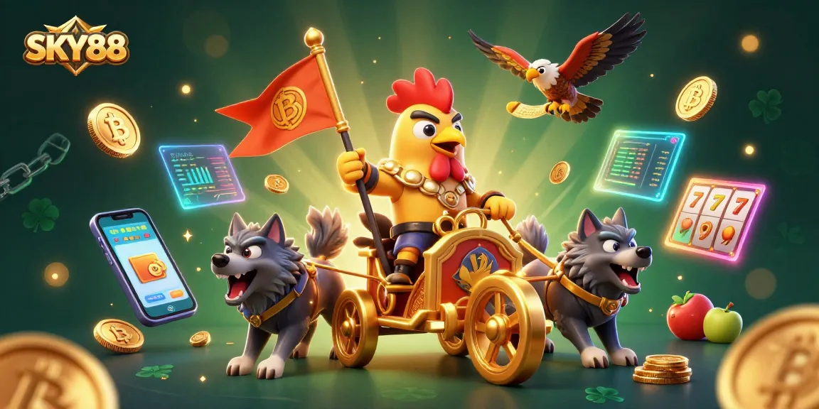 SKY88 showcases a lively casino scene with a rooster warlord, slot elements, and cryptocurrencies.