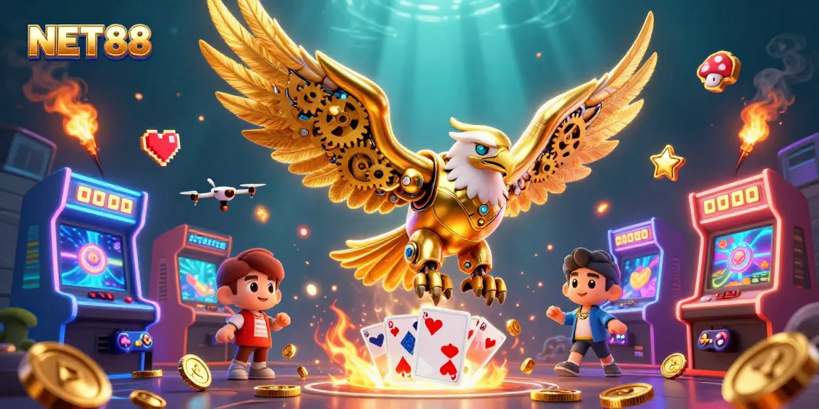 Engage with NET88 in a vibrant 3D casino scene featuring a golden eagle and colorful gaming elements.